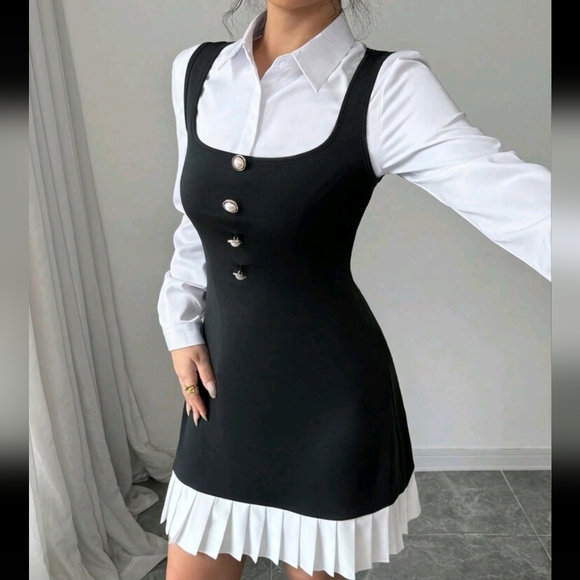 Women's Button Design Pleated Hem Elegant Suspender Dress - Picture 3 of 4